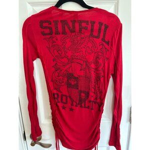 Sinful Y2K Shirt V-Neck Women's Size Small Red Long Sleeve Top